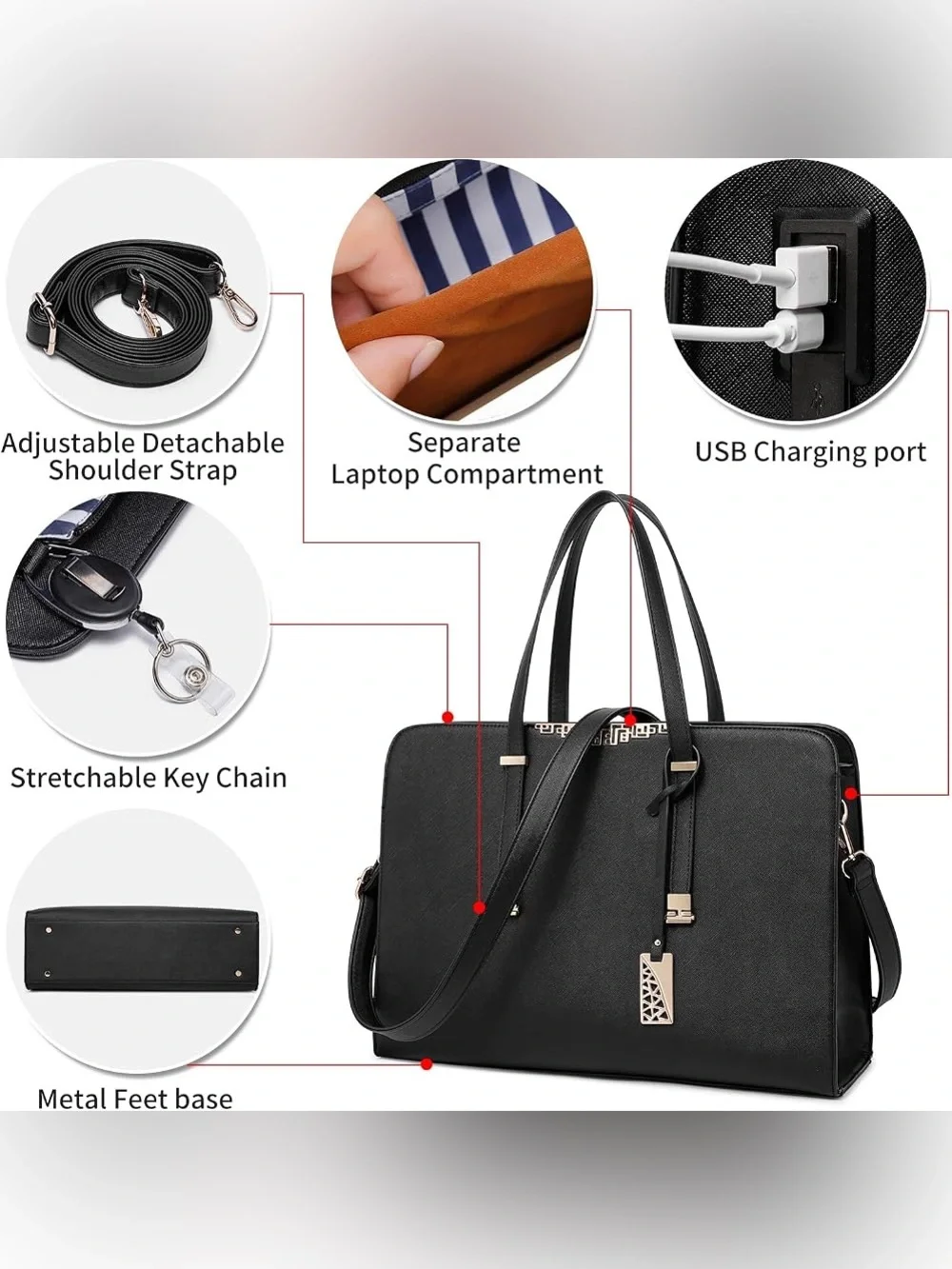 Black Laptop Work Tote Bag | Fits 15” Laptop | Crossbody & Shoulder Bag